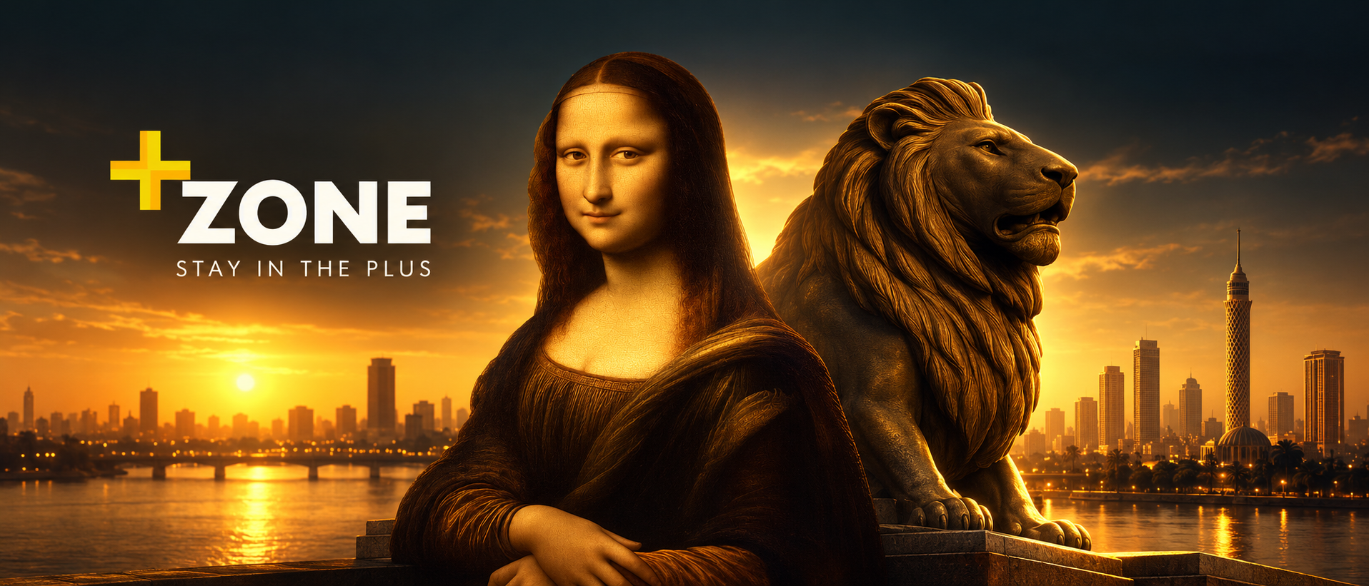 Plus Zone — Mona Lisa and a lion overlooking Cairo at sunset